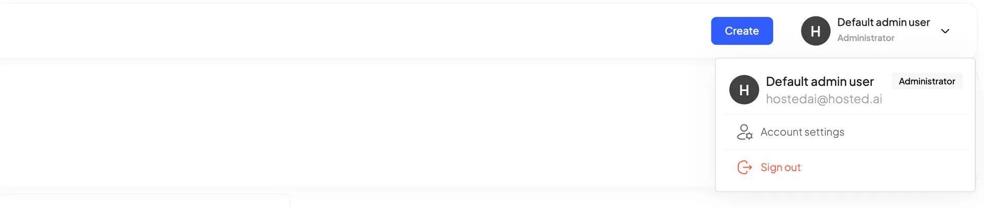 HostedAI user panel showing account settings and sign out options.