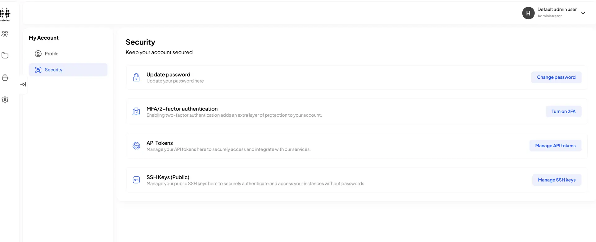 HostedAI Account Settings Security Panel