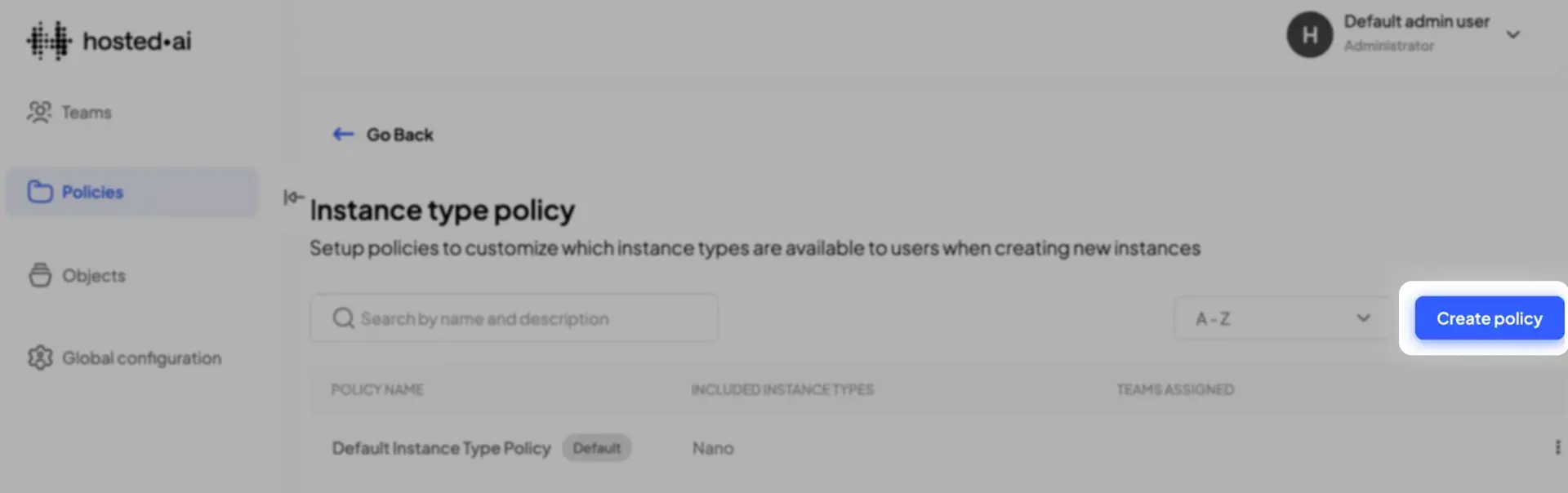 HostedAI Instance Type Policy page showing policy management options