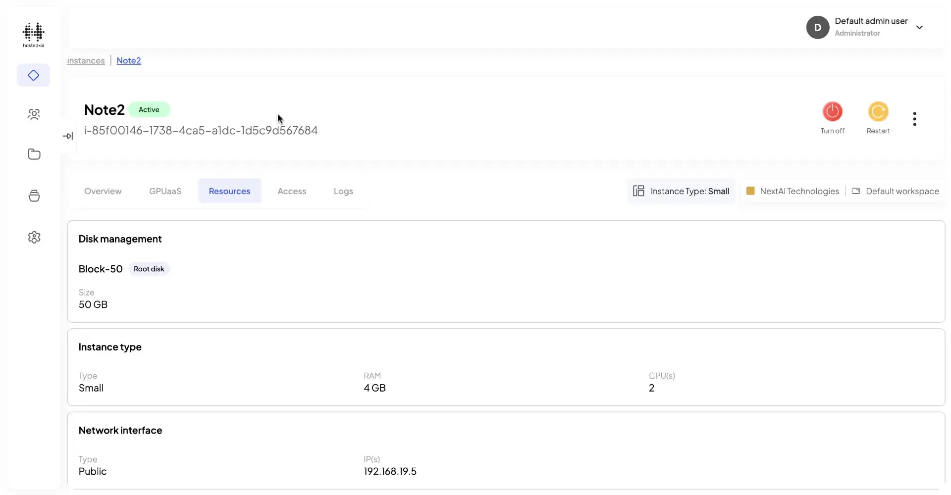 HostedAI Instance Details - Resources screen showing Note2 instance with active status, disk management, instance type, and network interface details.
