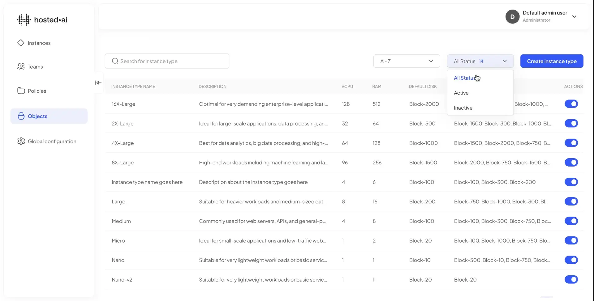 hosted.ai Admin Panel - Editing Instance Type in Objects section