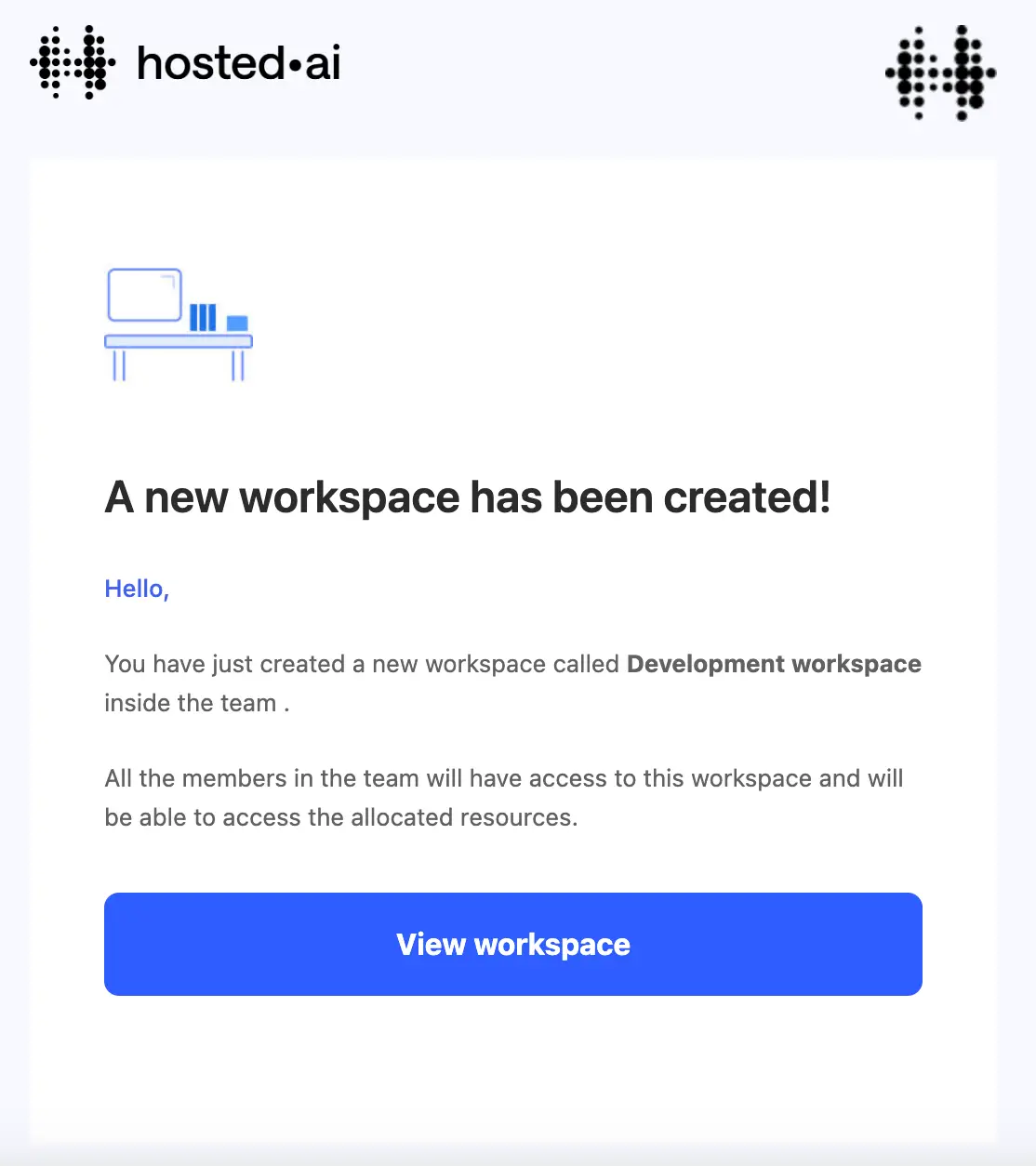 Hosted.ai new workspace creation confirmation screen with View workspace button.