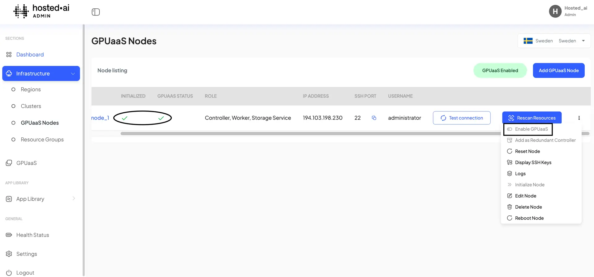 HostedAI Admin Panel - GPUaaS Nodes section showing node_1 details and options to manage GPUaaS.