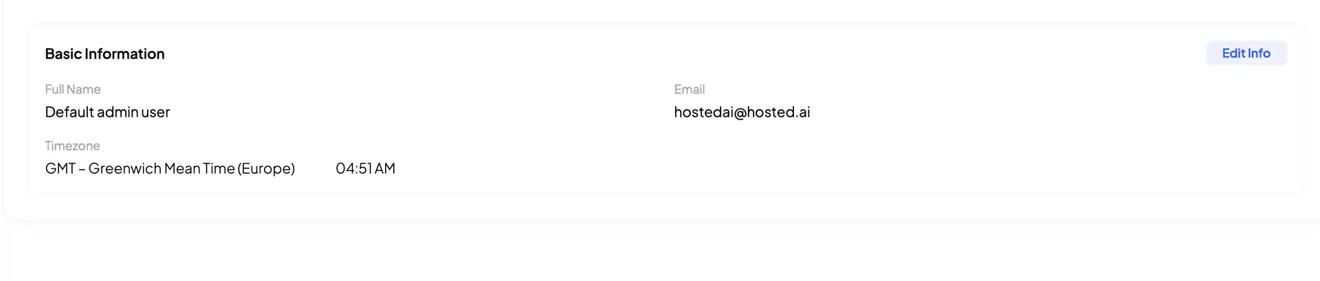 HostedAI My Profile Basic Information section showing full name, email, and timezone settings.