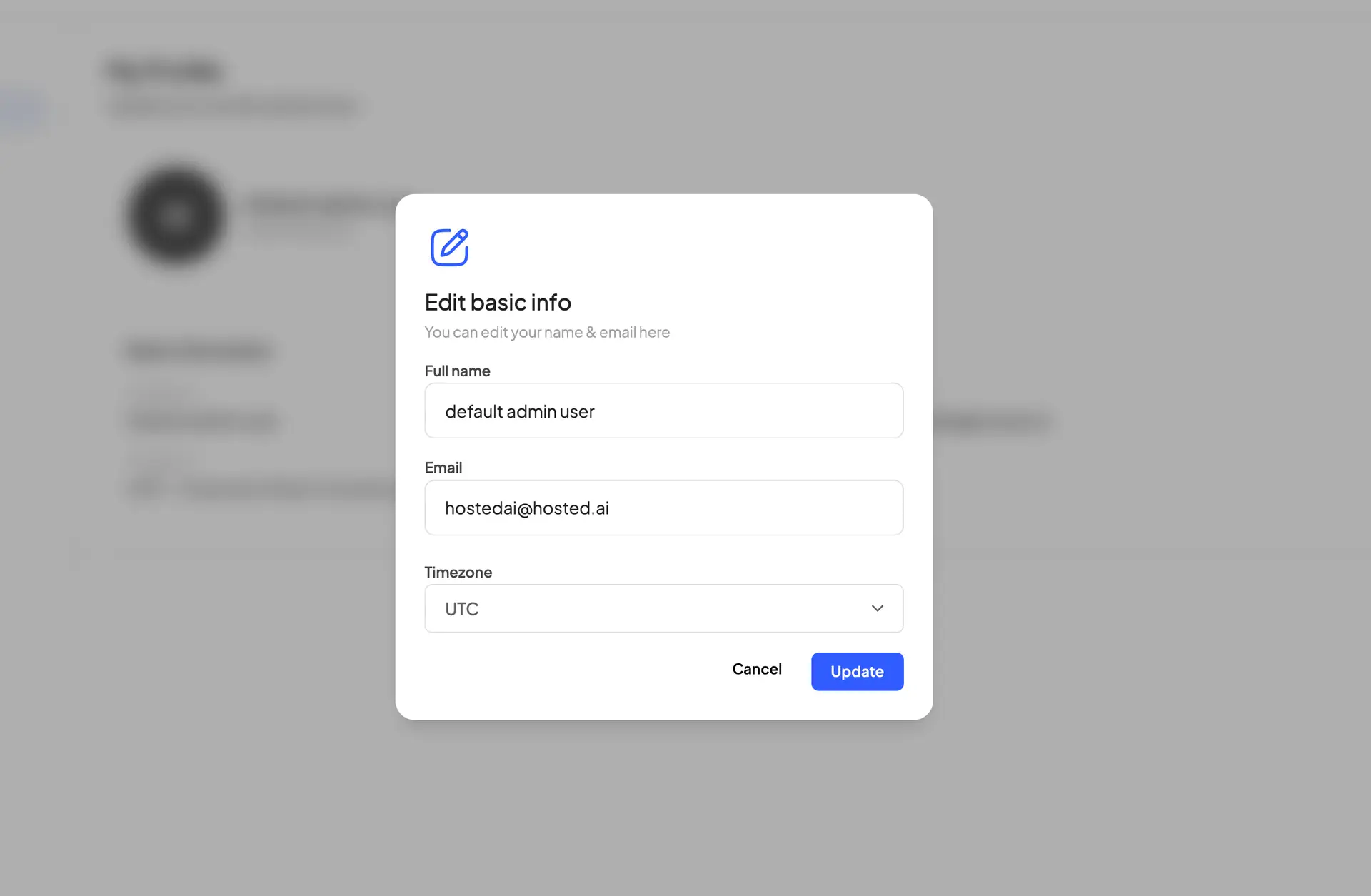 HostedAI My Profile Edit Basic Info Panel