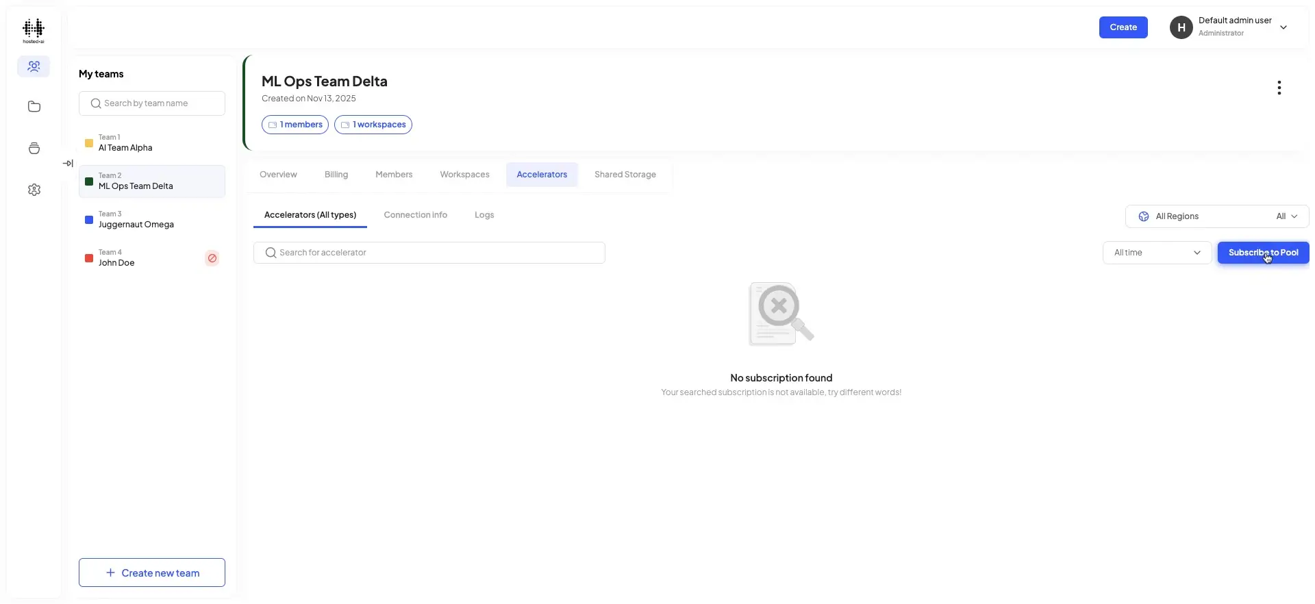 The user is on the Accelerators tab within the ML Ops Team Delta, and the "Subscribe to Pool" button is highlighted.