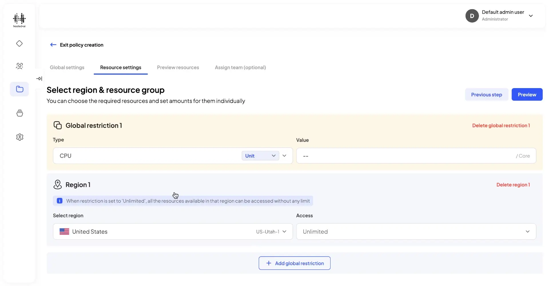HostedAI Admin Panel Resource Settings for Managing Resource Policies