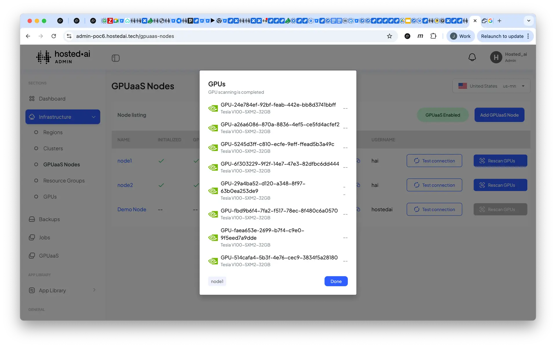 hosted.ai admin panel showing GPUaaS Nodes section with a modal listing available GPUs.
