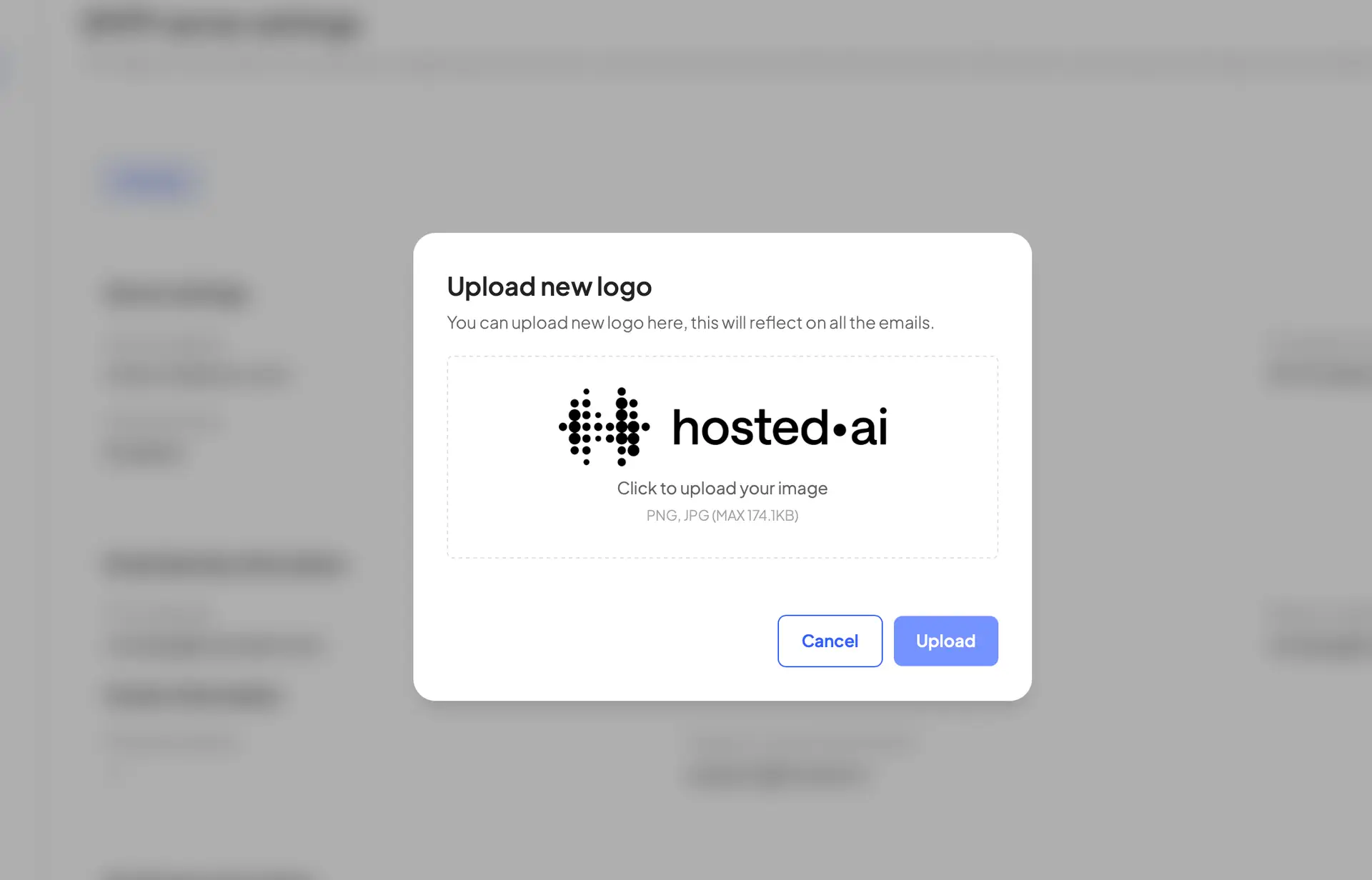 SMTP server settings - Upload new logo modal in hosted·ai platform.