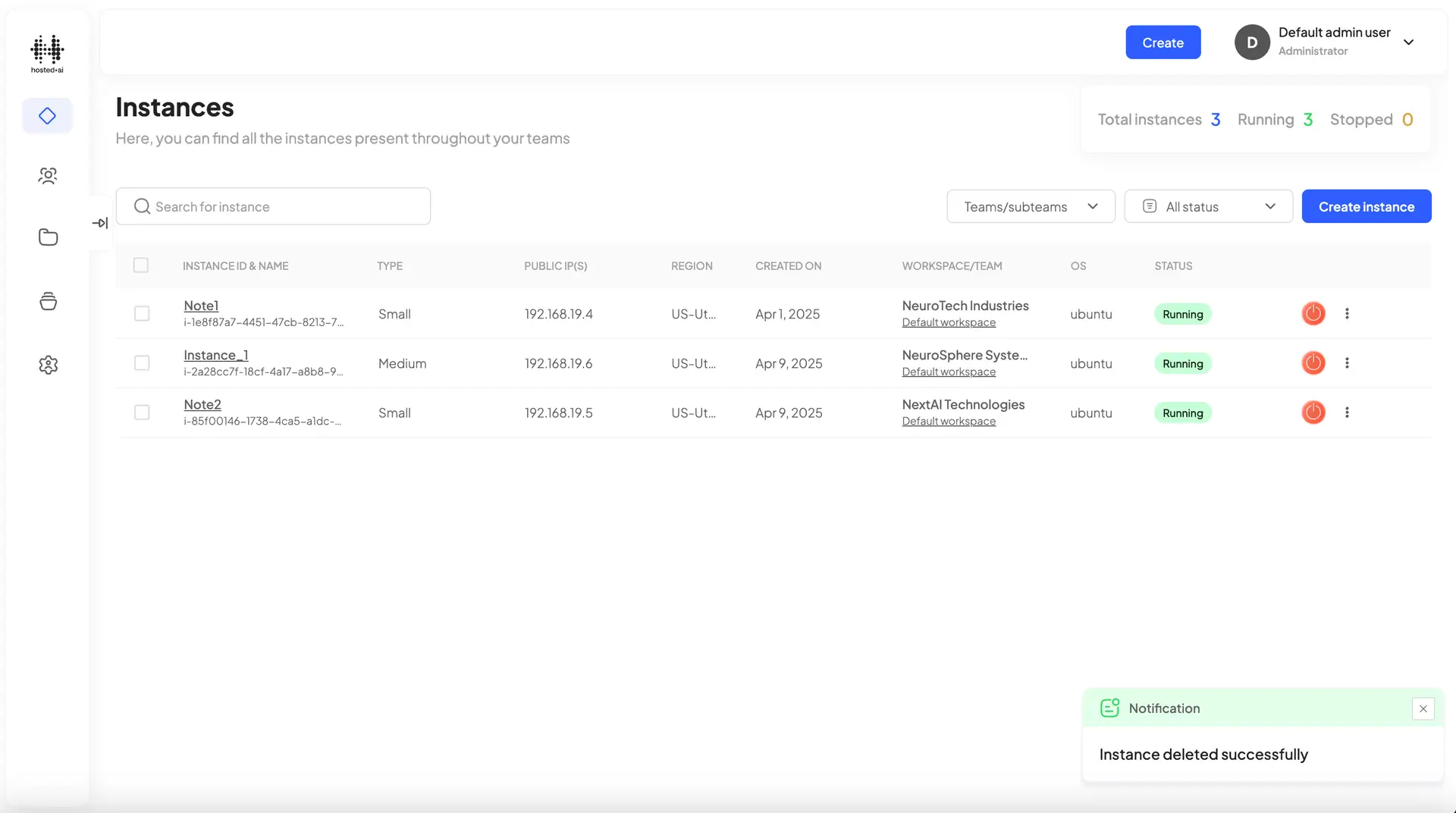 HostedAI Instances management page showing a list of instances with a notification confirming successful deletion.