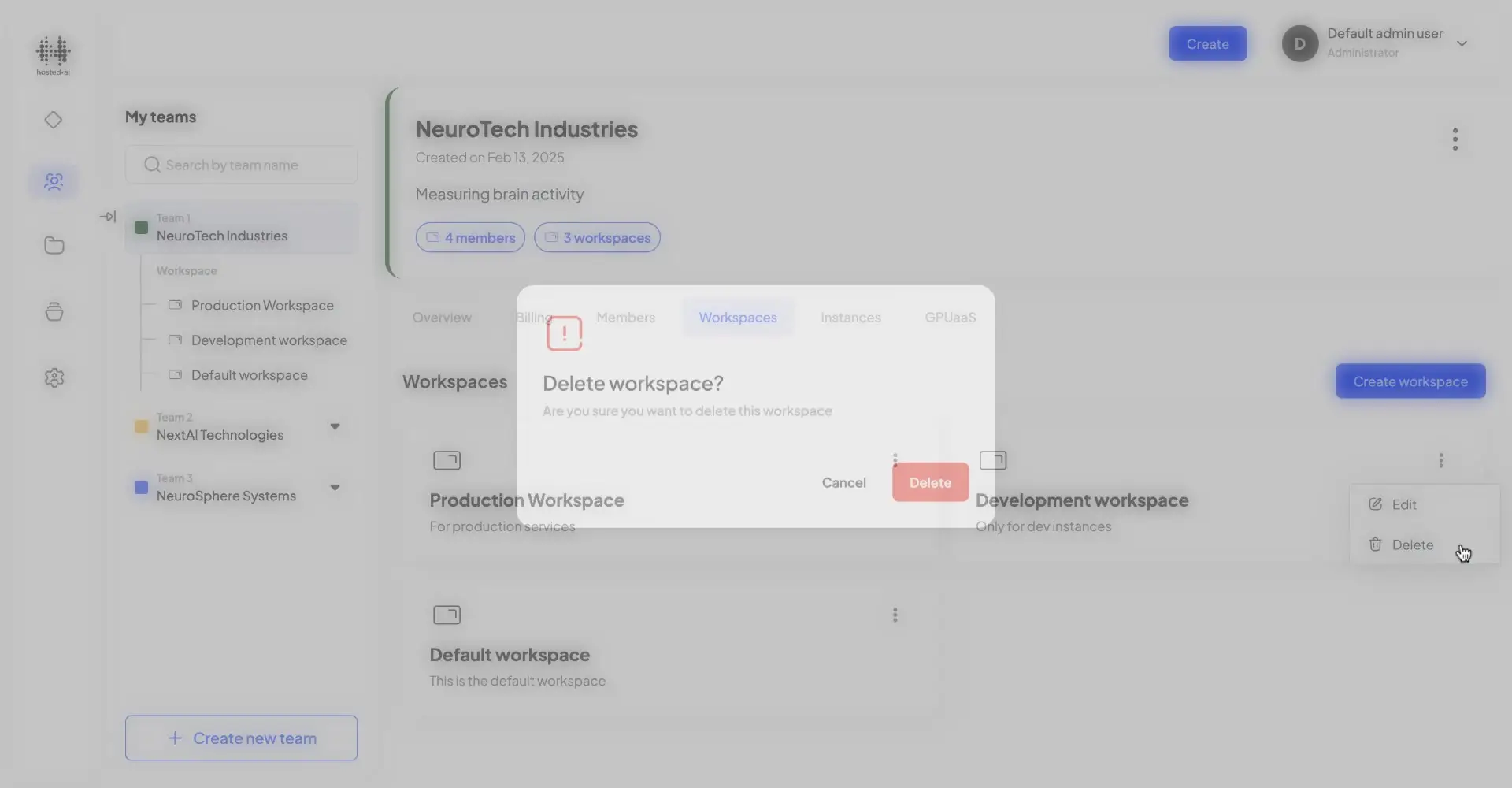 Hosted.ai User Panel - Delete Workspace Confirmation