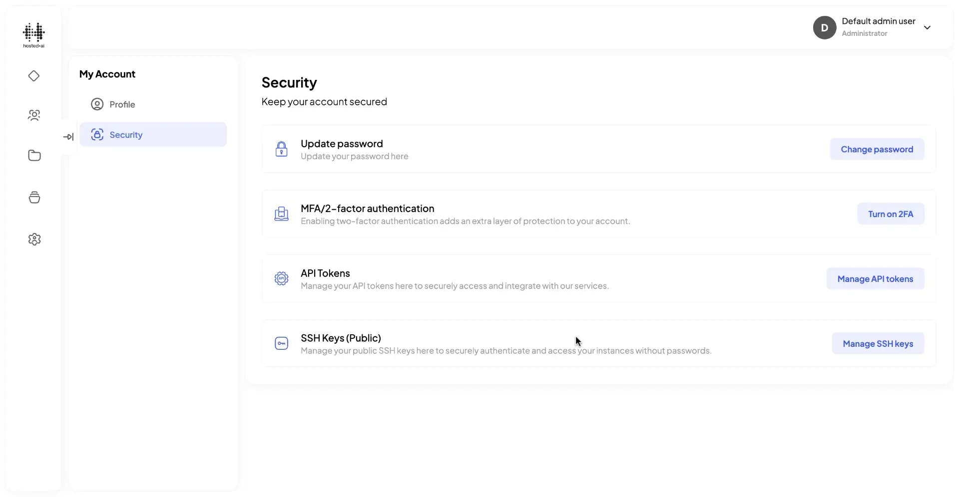 HostedAI user panel security settings page showing options for password update, 2FA, API tokens, and SSH keys management.
