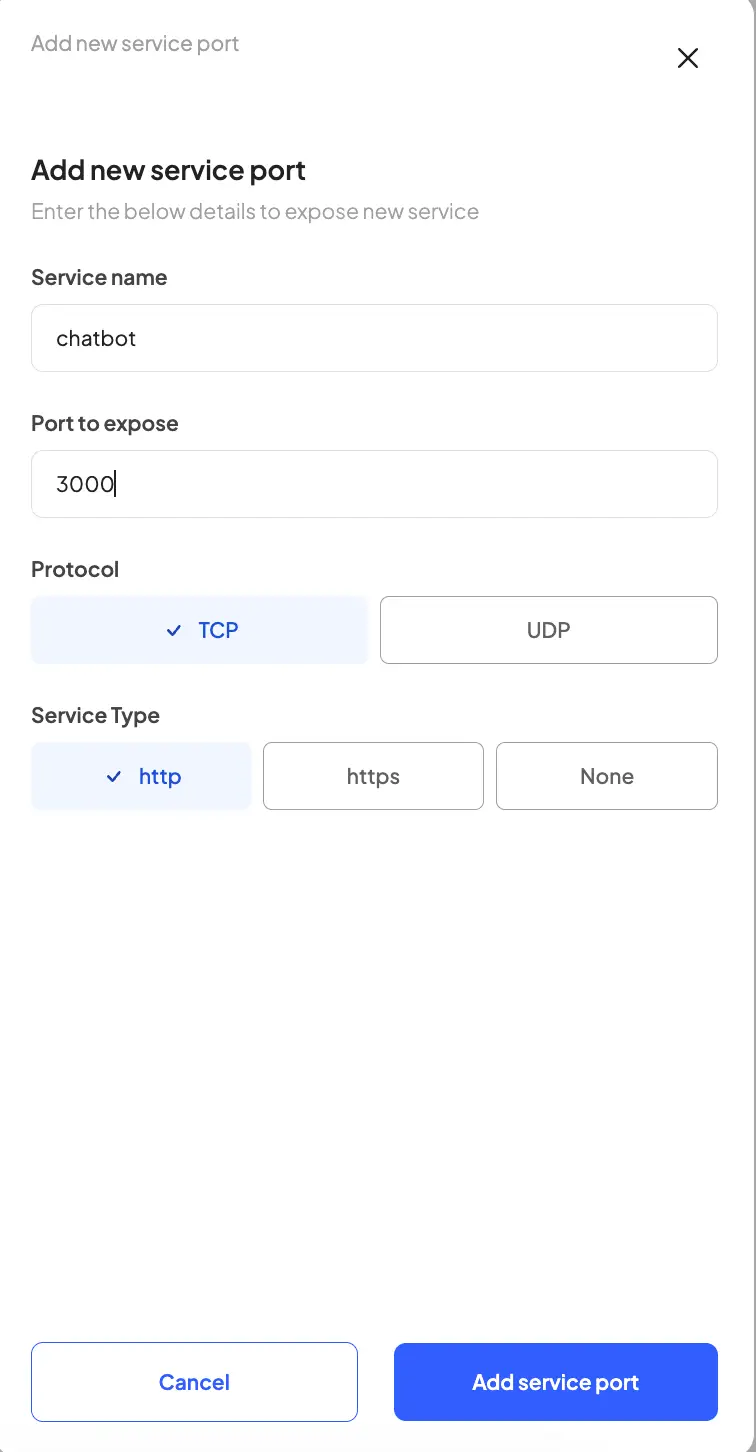 Add new service port screen in HostedAI for exposing a new service with fields for service name, port, protocol, and service type.