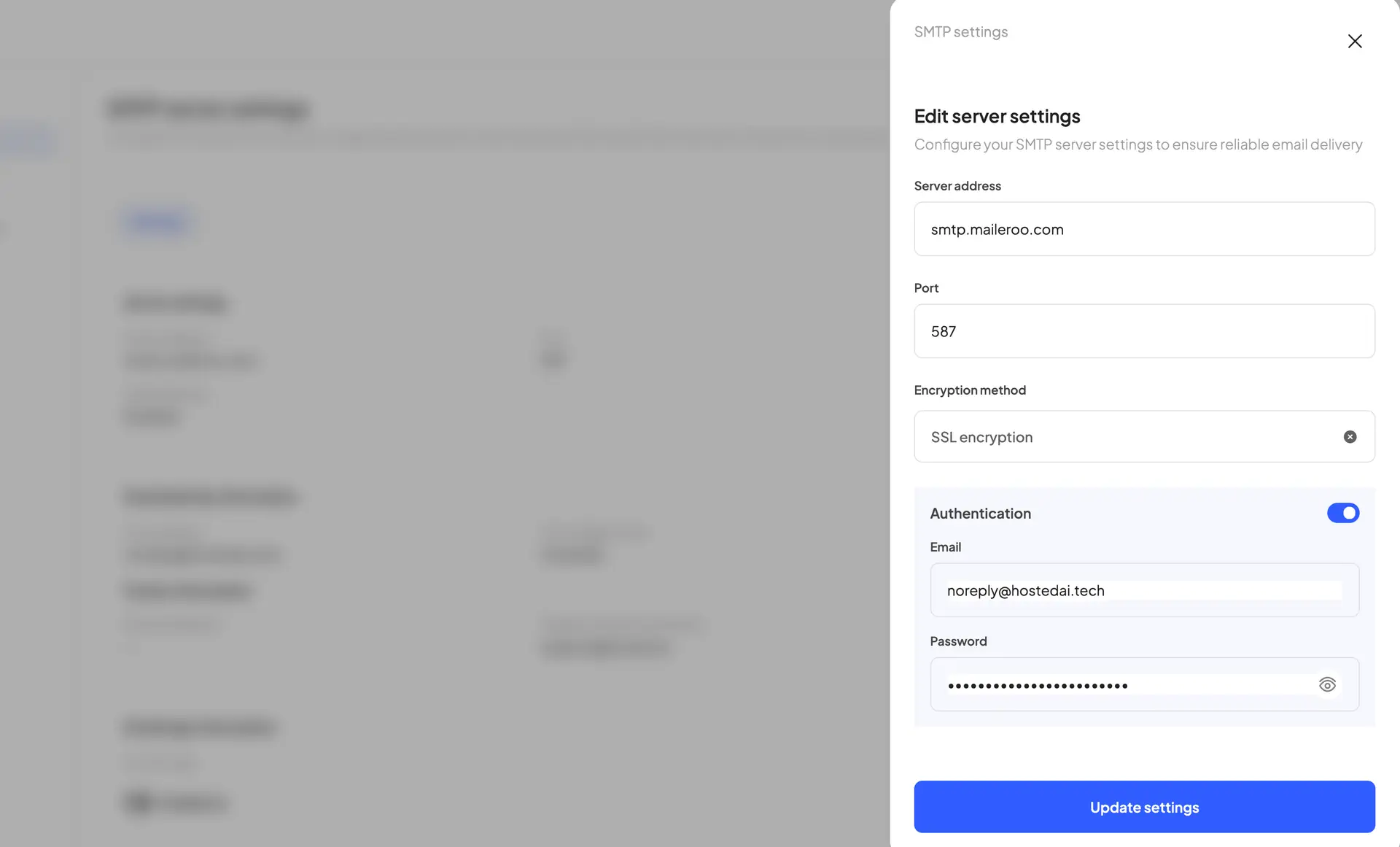 SMTP settings panel in HostedAI platform showing server address, port, encryption method, and authentication details.
