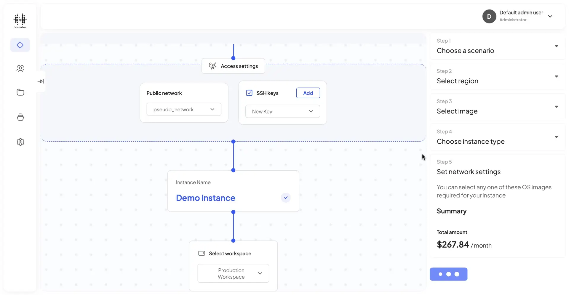 HostedAI User Panel for creating a cloud instance with access settings and step-by-step guide.
