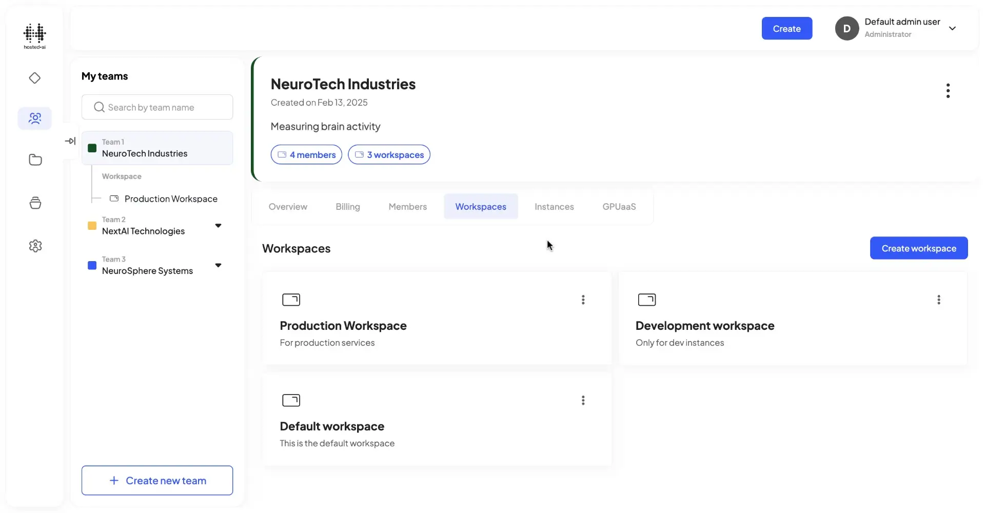 hosted.ai User Panel - Create Workspace
