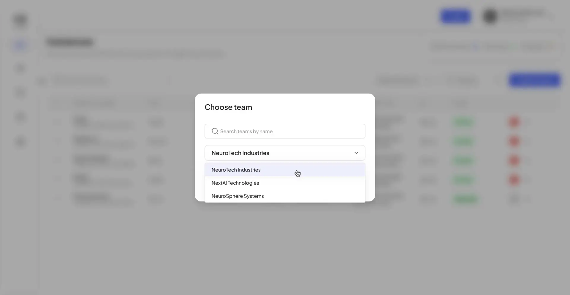 HostedAI User Panel - Choose team modal for creating a cloud instance
