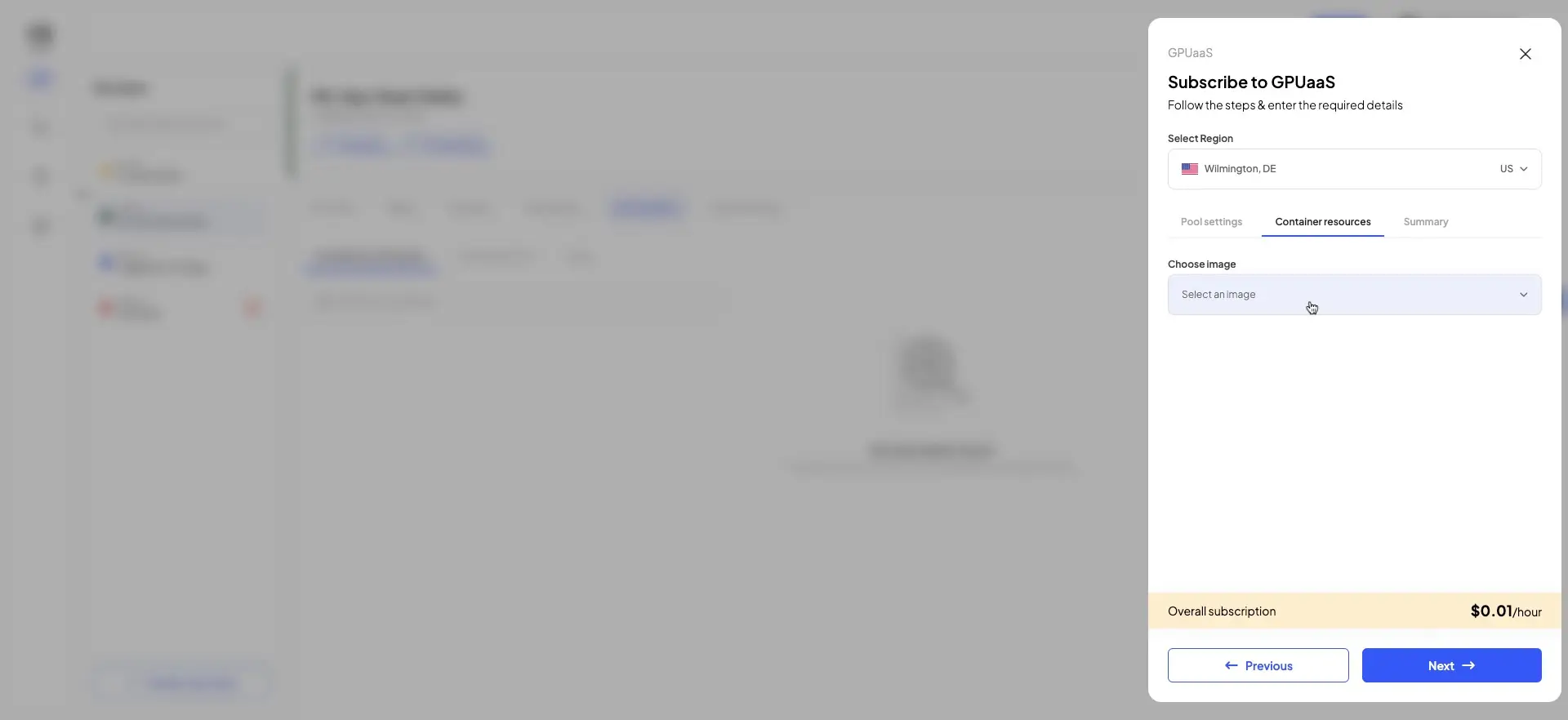 The user is in the process of subscribing to GPUaaS, and is currently on the 'Container resources' step, where they are prompted to select an image.