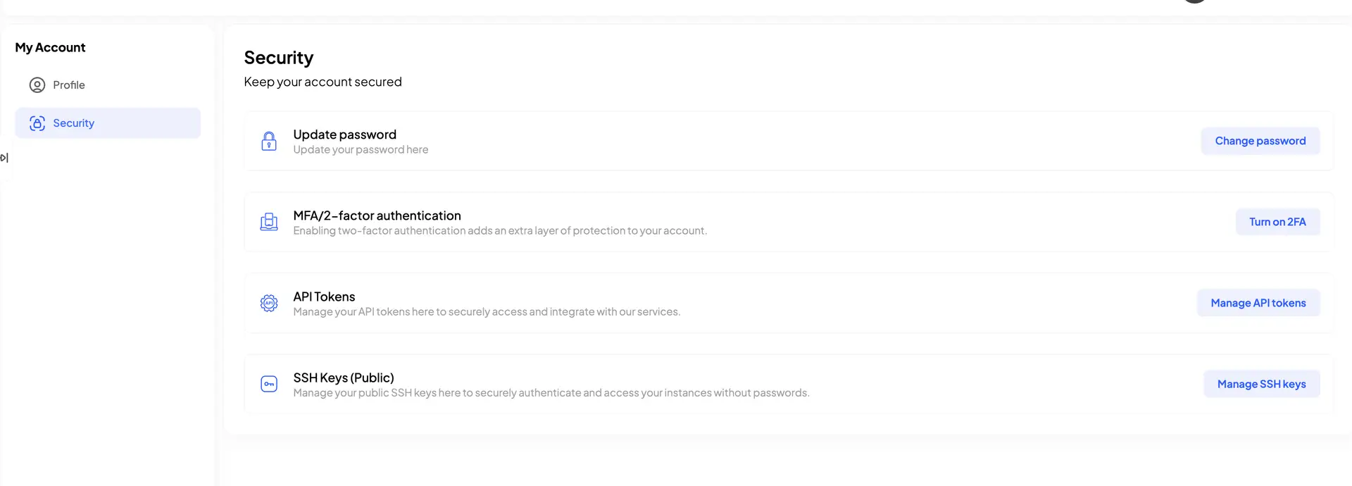 HostedAI User Panel Security Settings showing options for password update, MFA/2-factor authentication, API tokens, and SSH keys management.