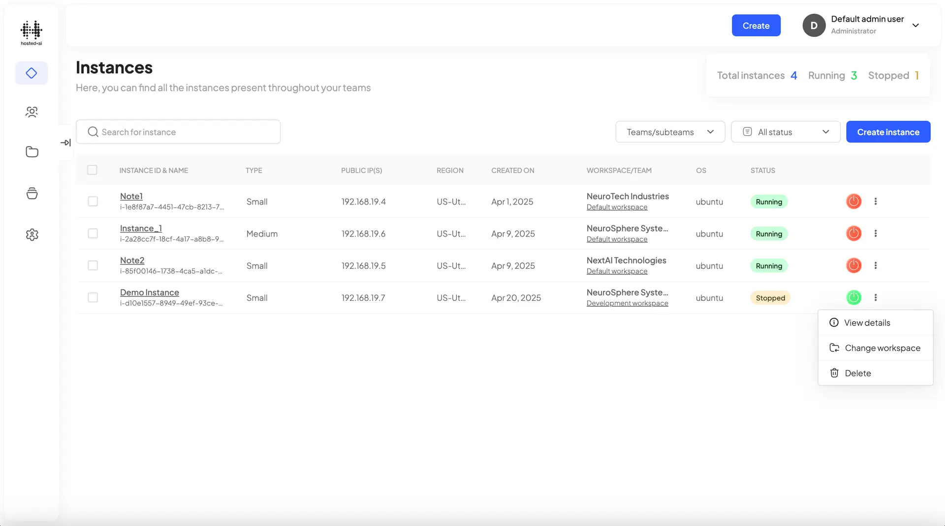 HostedAI Instances management page showing a list of GPU instances with options to view details, change workspace, or delete.