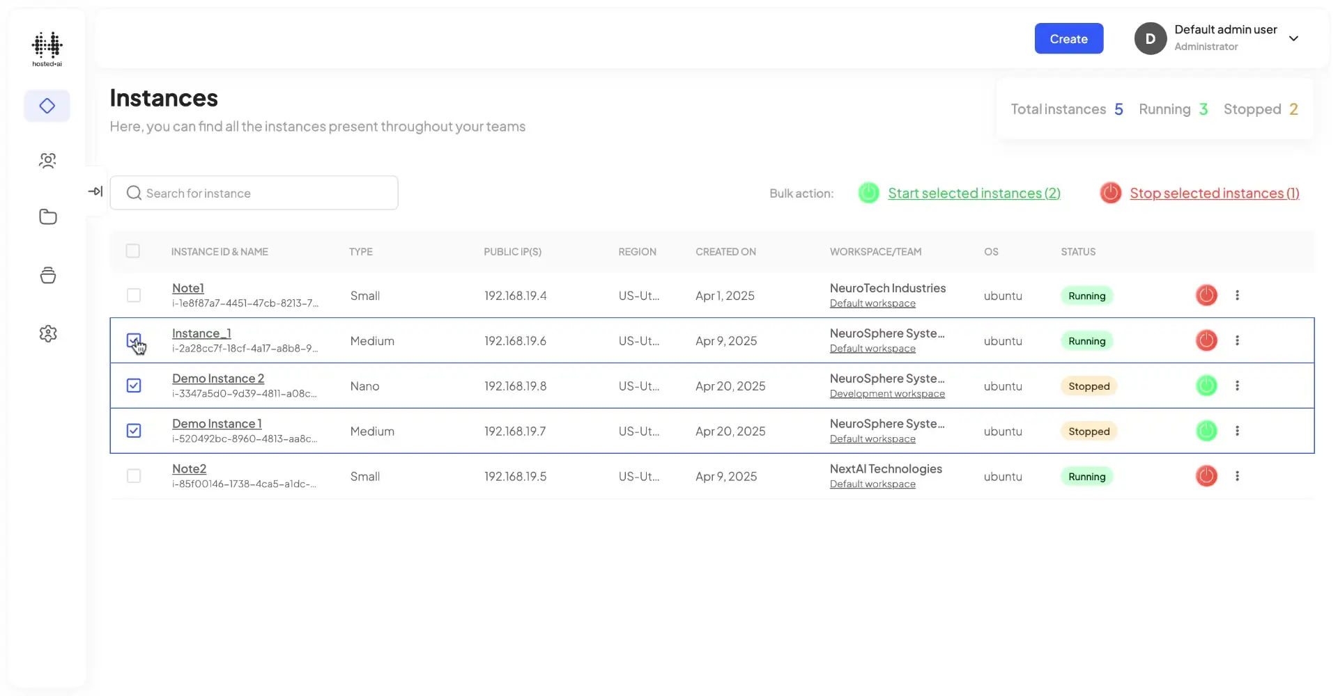 HostedAI Instances User Panel showing bulk actions for managing GPU instances.