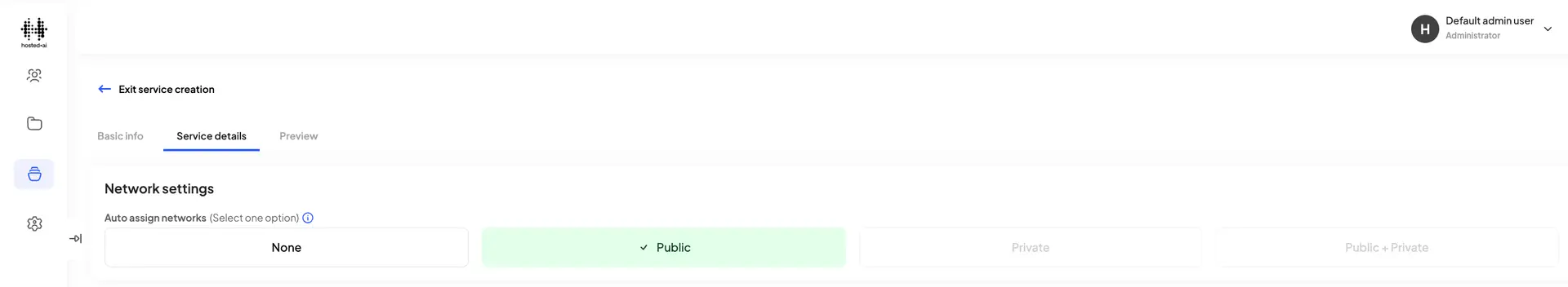 HostedAI service creation screen showing network settings in the service details tab.