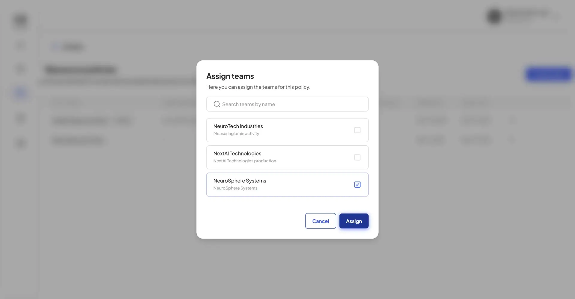 Assign teams dialog in HostedAI Admin Panel for managing resource policies.