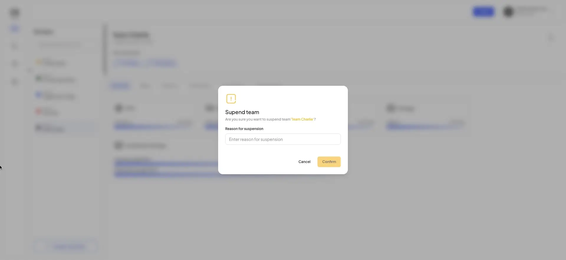 HostedAI Manage Teams User Panel Suspend Team Confirmation Dialog