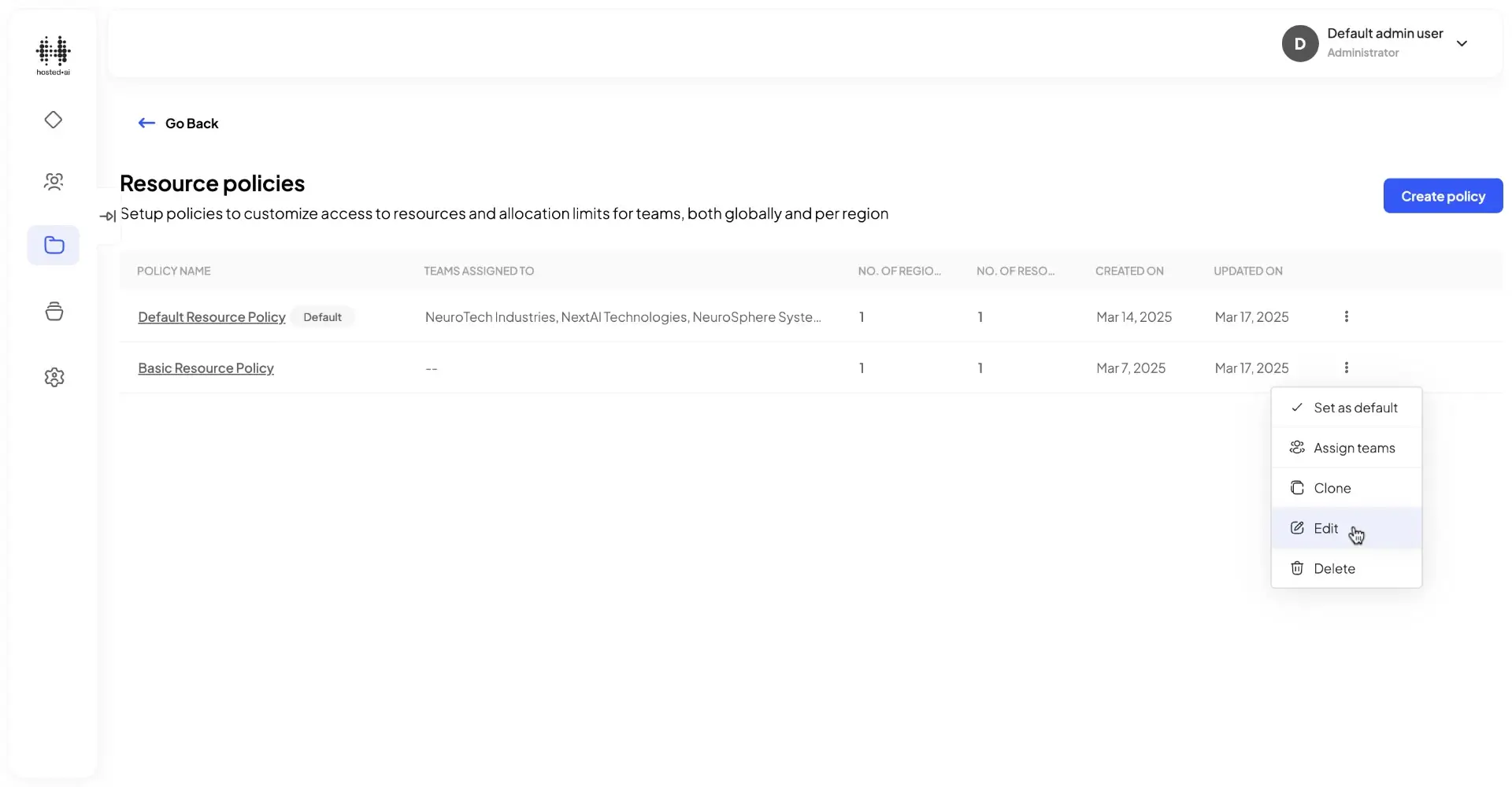 HostedAI Admin Panel Resource Policies page showing policy management options.