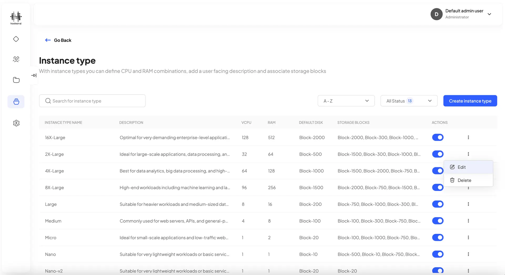 HostedAI Instance Type Management Page