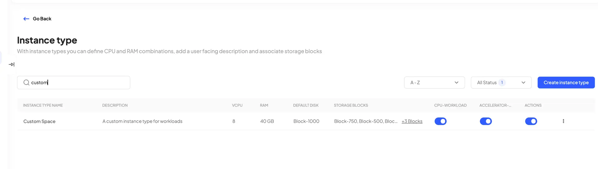 HostedAI Instance Type Management Page