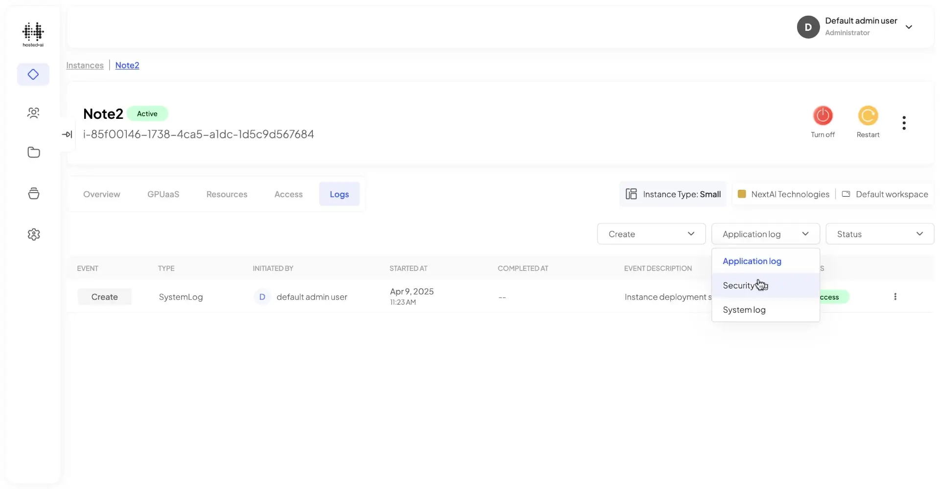 HostedAI Instance Details Logs section showing active instance Note2 with log options and user panel.