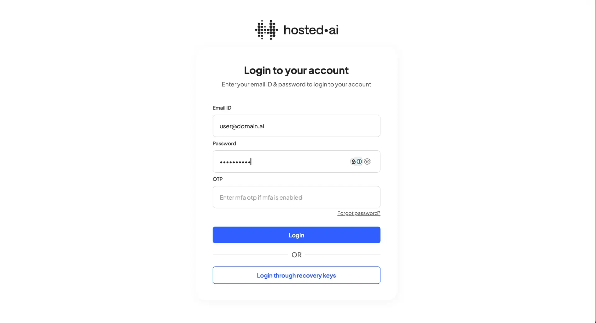 HostedAI login page with fields for Email ID, Password, OTP, and options for password recovery and login through recovery keys.