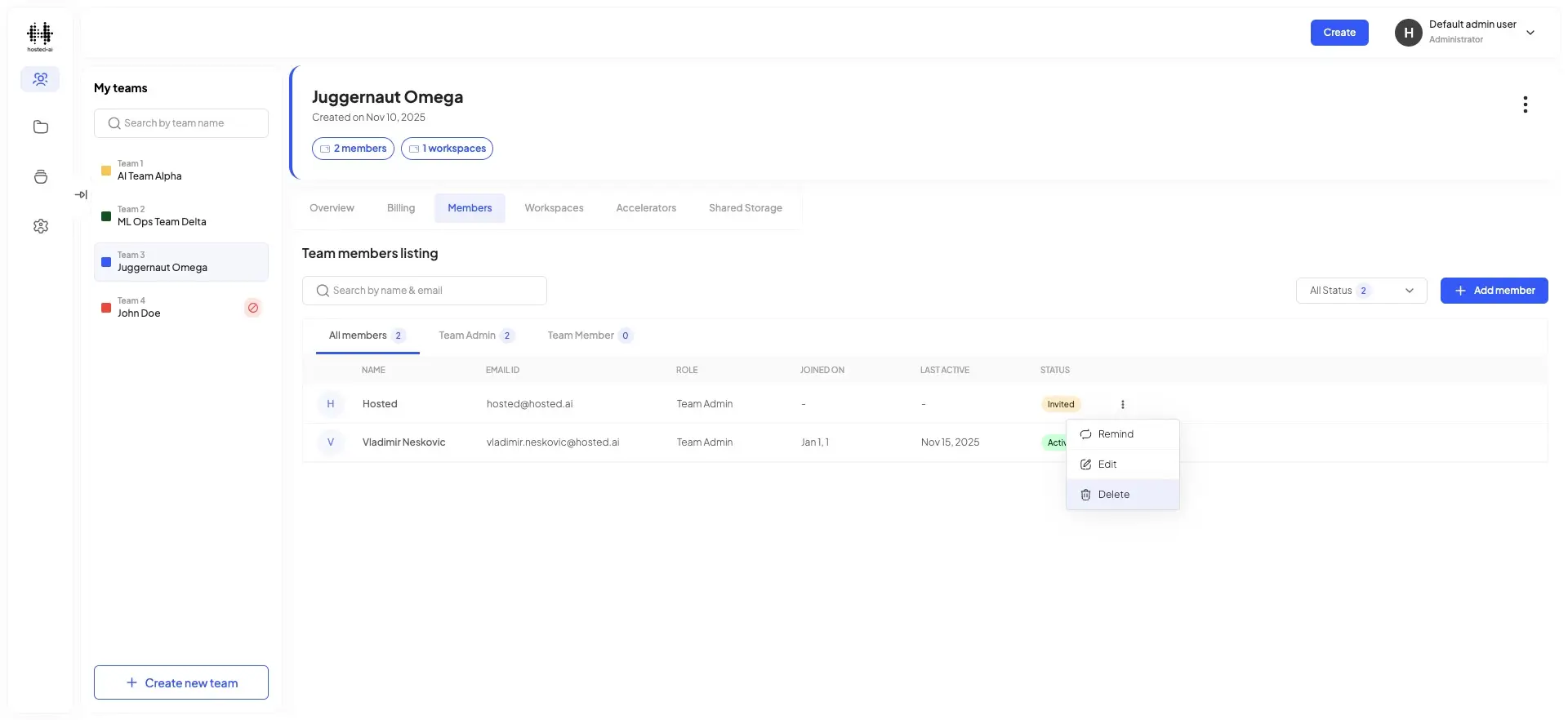 HostedAI platform Juggernaut Omega team members management screen