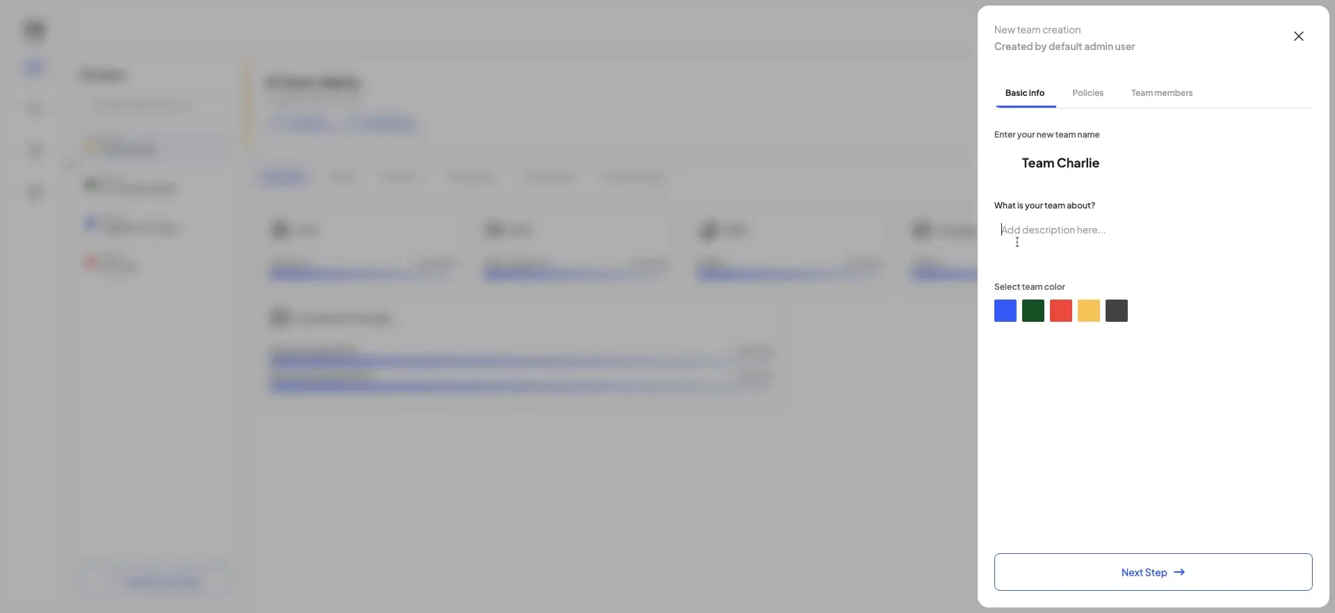 The user is in the process of creating a new team, as indicated by the "New team creation" dialog. The user has entered the team name "Team Charlie" and is prompted to add a description and select a team color.