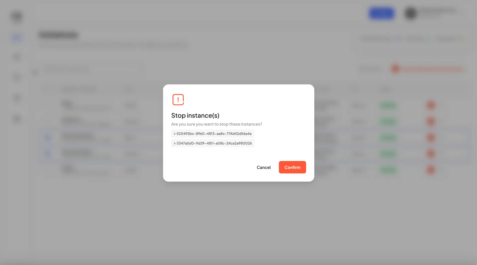 HostedAI User Panel Bulk Actions Stop Instances Confirmation Dialog
