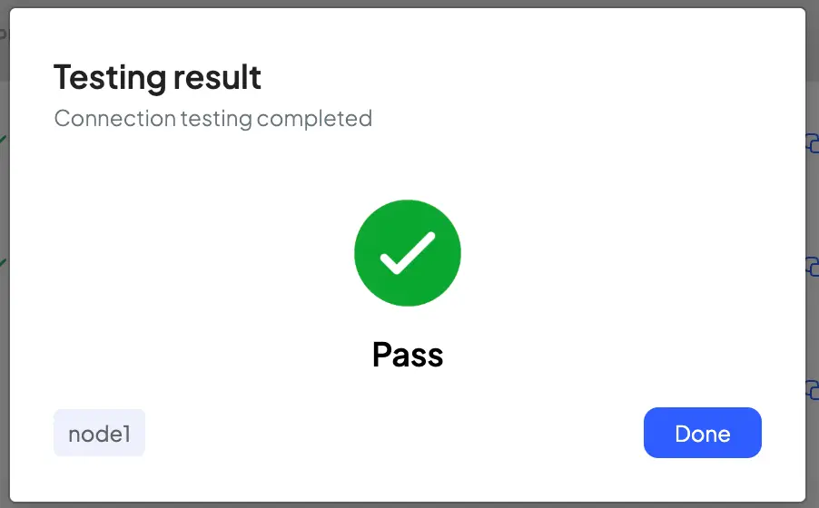 HostedAI Admin Panel - Testing result for GPUaaS node connection, showing a successful pass.