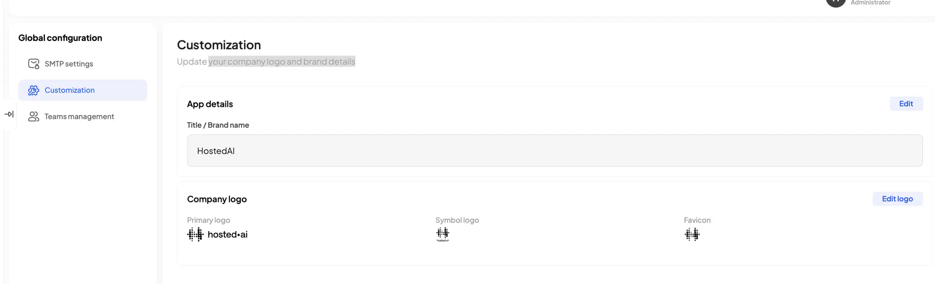 HostedAI Global Configuration Customization screen showing app details and company logo settings.
