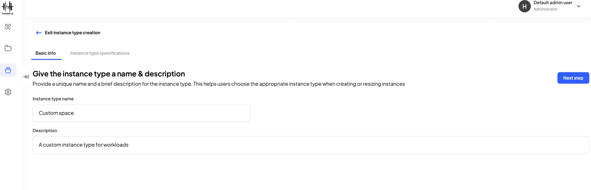 HostedAI Edit Instance Type Basic Info