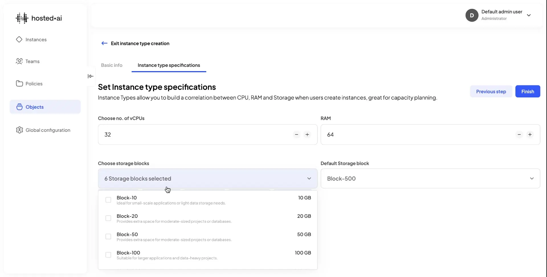 Hosted.ai Admin Panel - Instance type specifications for editing instance type