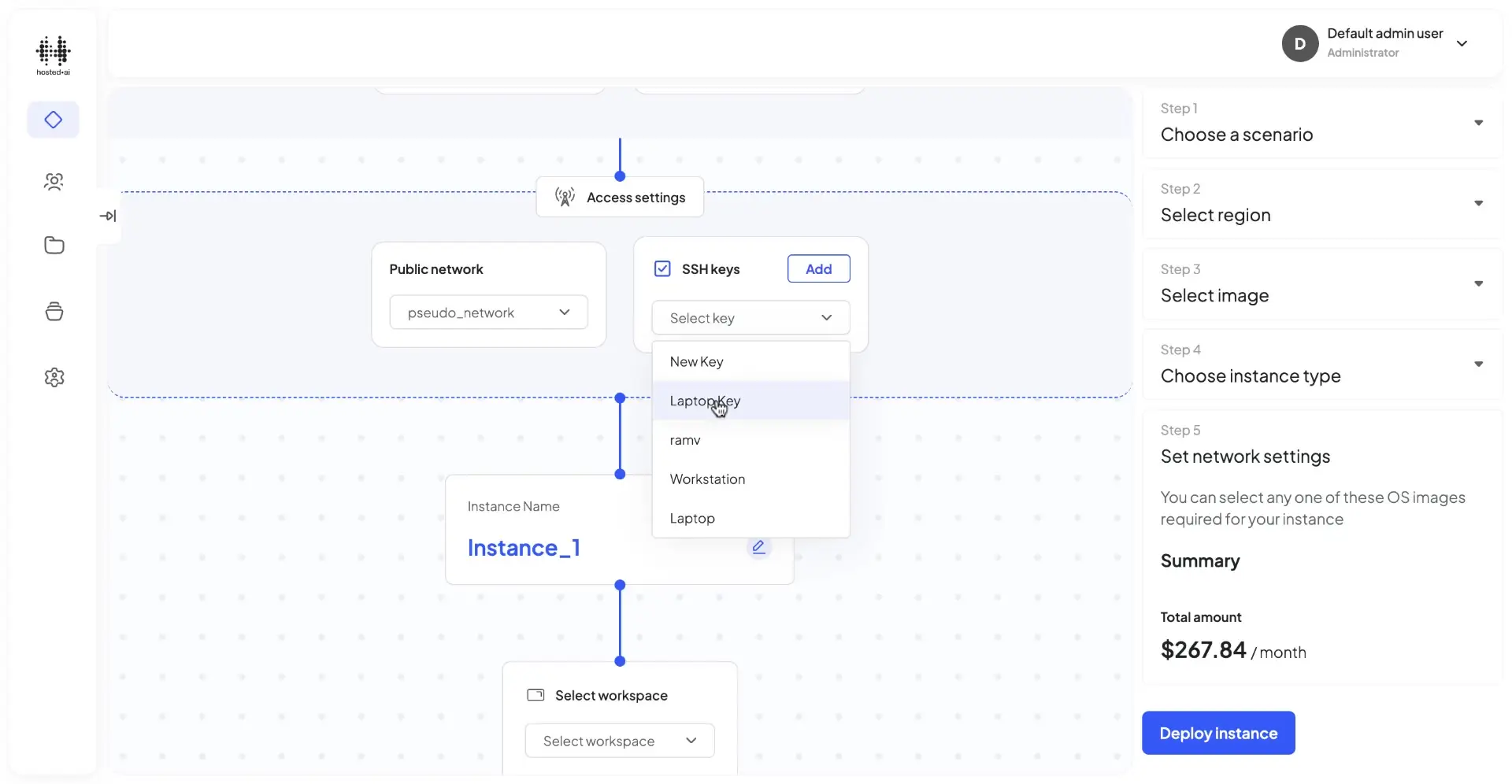 HostedAI User Panel for creating a cloud instance with network and SSH key settings.