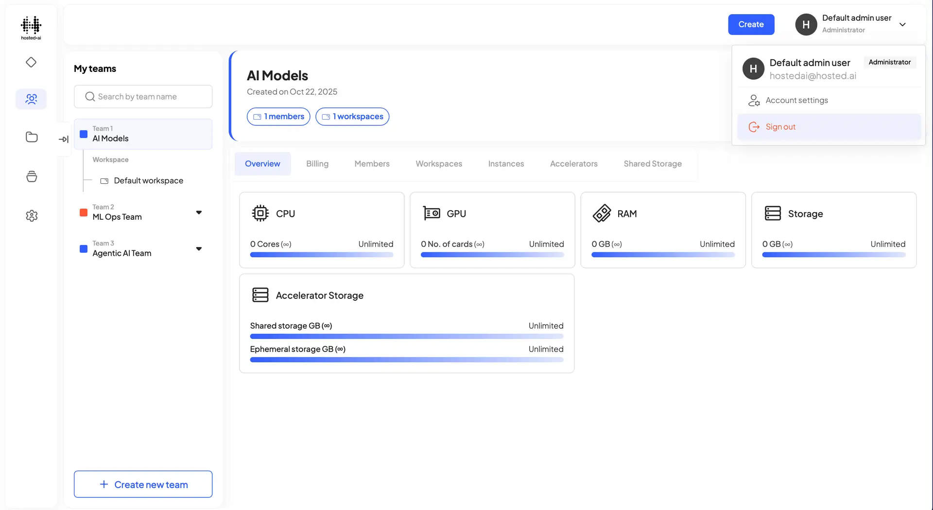 HostedAI AI Models team overview with user profile and sign out option