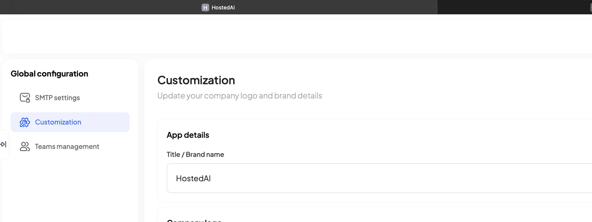 HostedAI Global Configuration Customization panel showing app details for updating company logo and brand name.