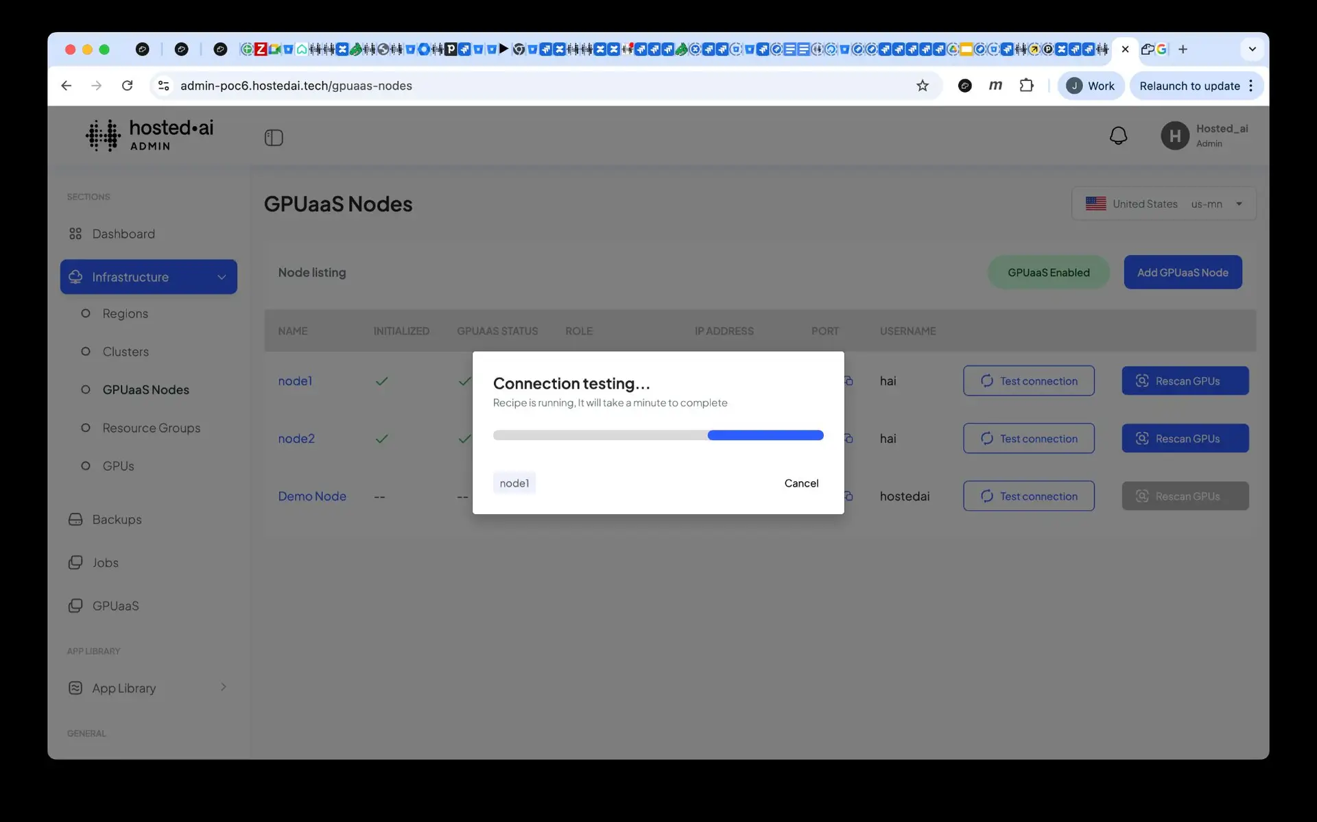 HostedAI Admin Panel showing GPUaaS Nodes with a connection testing modal for node1.
