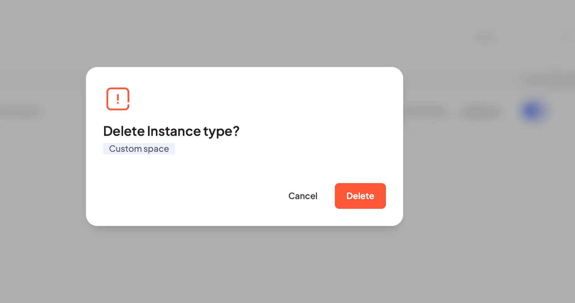 HostedAI platform delete instance type confirmation dialog.