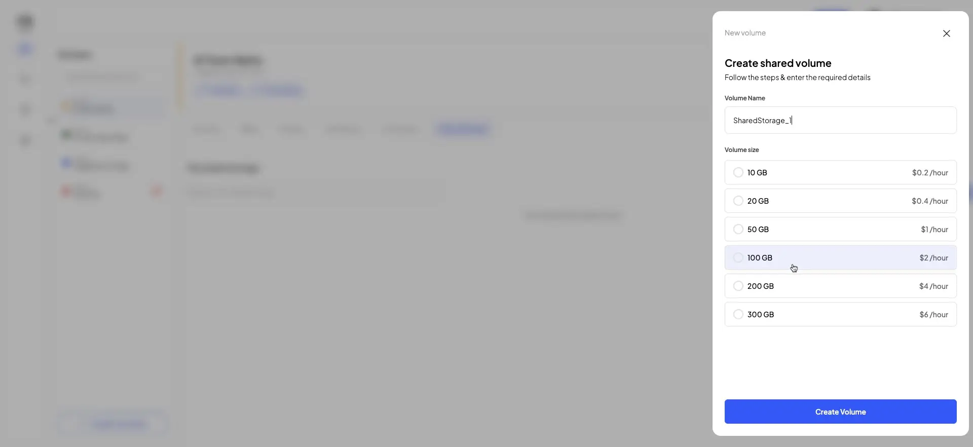 HostedAI Create Shared Storage Volume panel with options for volume name and size selection
