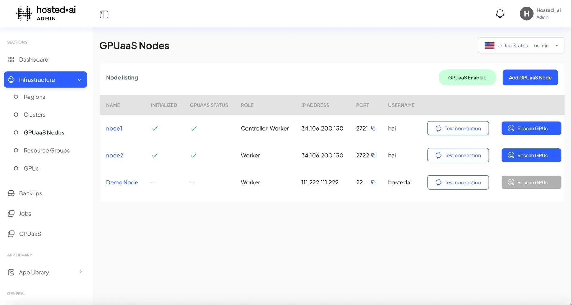 HostedAI Admin Panel showing GPUaaS Nodes section with node listing and options to test connection and rescan GPUs.
