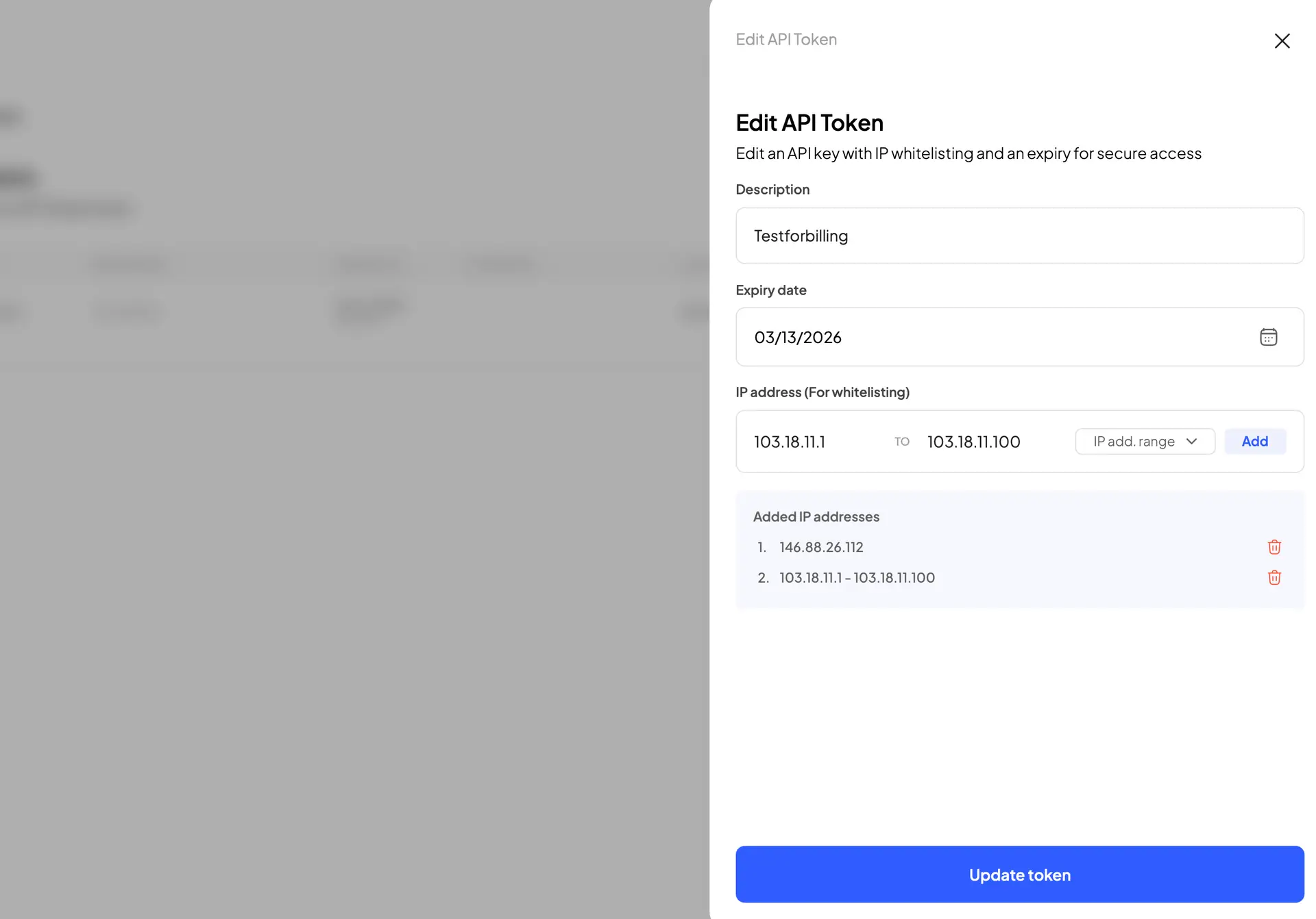 Edit API Token screen in HostedAI platform for managing API tokens with IP whitelisting and expiry settings.
