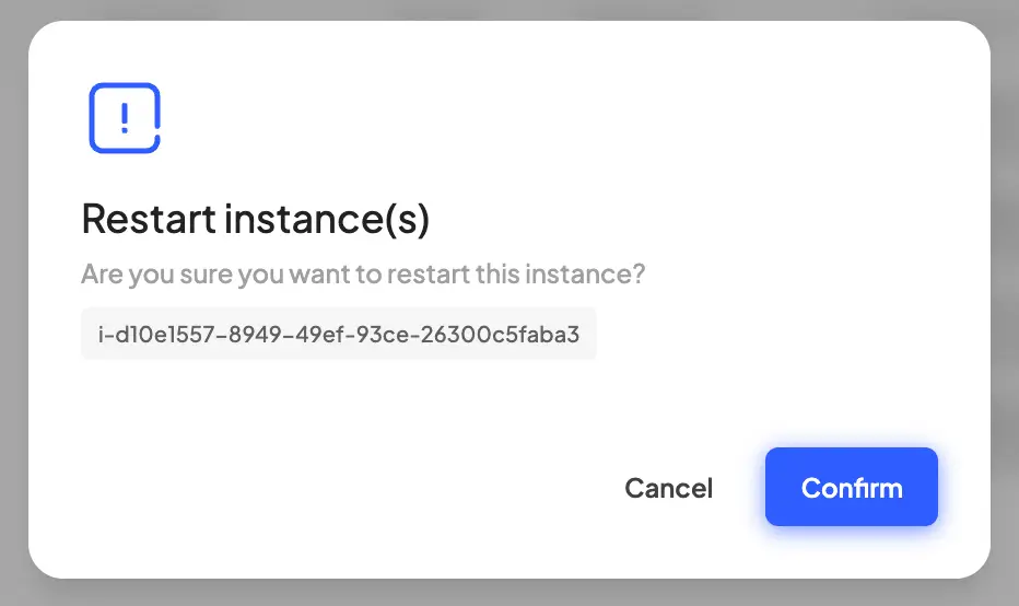 HostedAI User Panel Restart Instance Confirmation Dialog