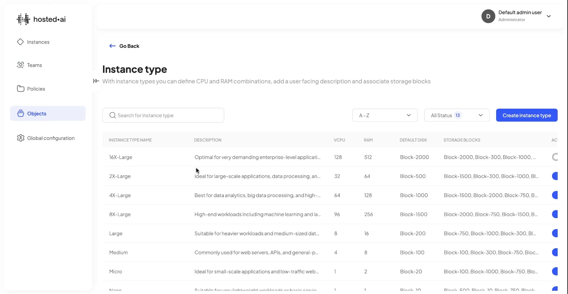 hosted.ai Instance type page showing instance configurations and options